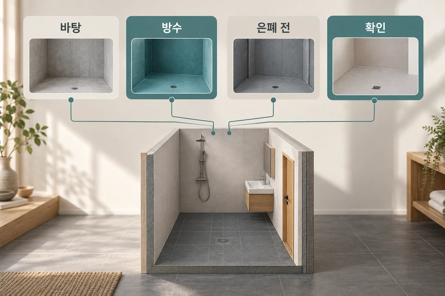욕실 위치를 바탕·방수·은폐 전·확인의 단계별 사진 기록에 연결한 설명용 이미지