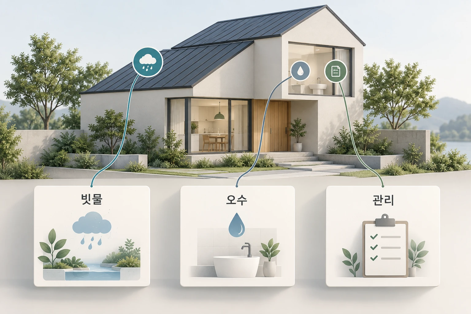 집의 빗물·실내 사용수와 별도 관리 자료를 서로 다른 기록 카드에 연결한 설명용 이미지