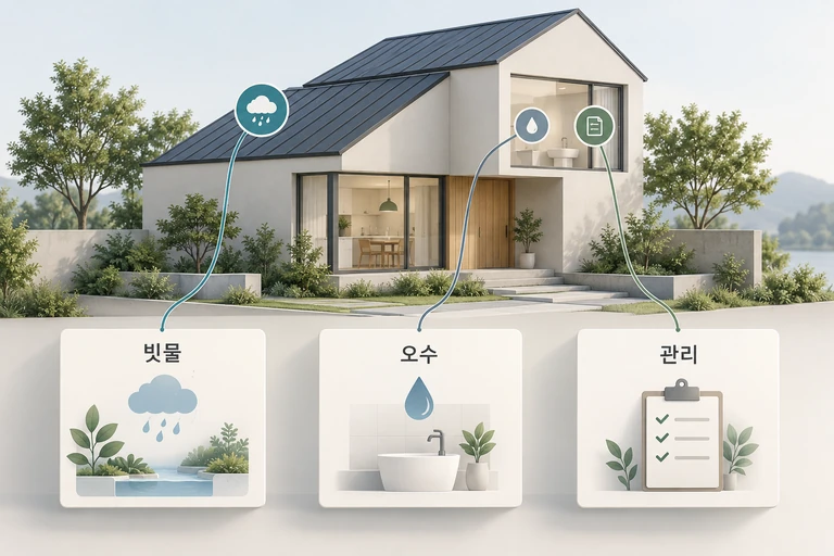 집의 빗물·실내 사용수와 별도 관리 자료를 서로 다른 기록 카드에 연결한 설명용 이미지
