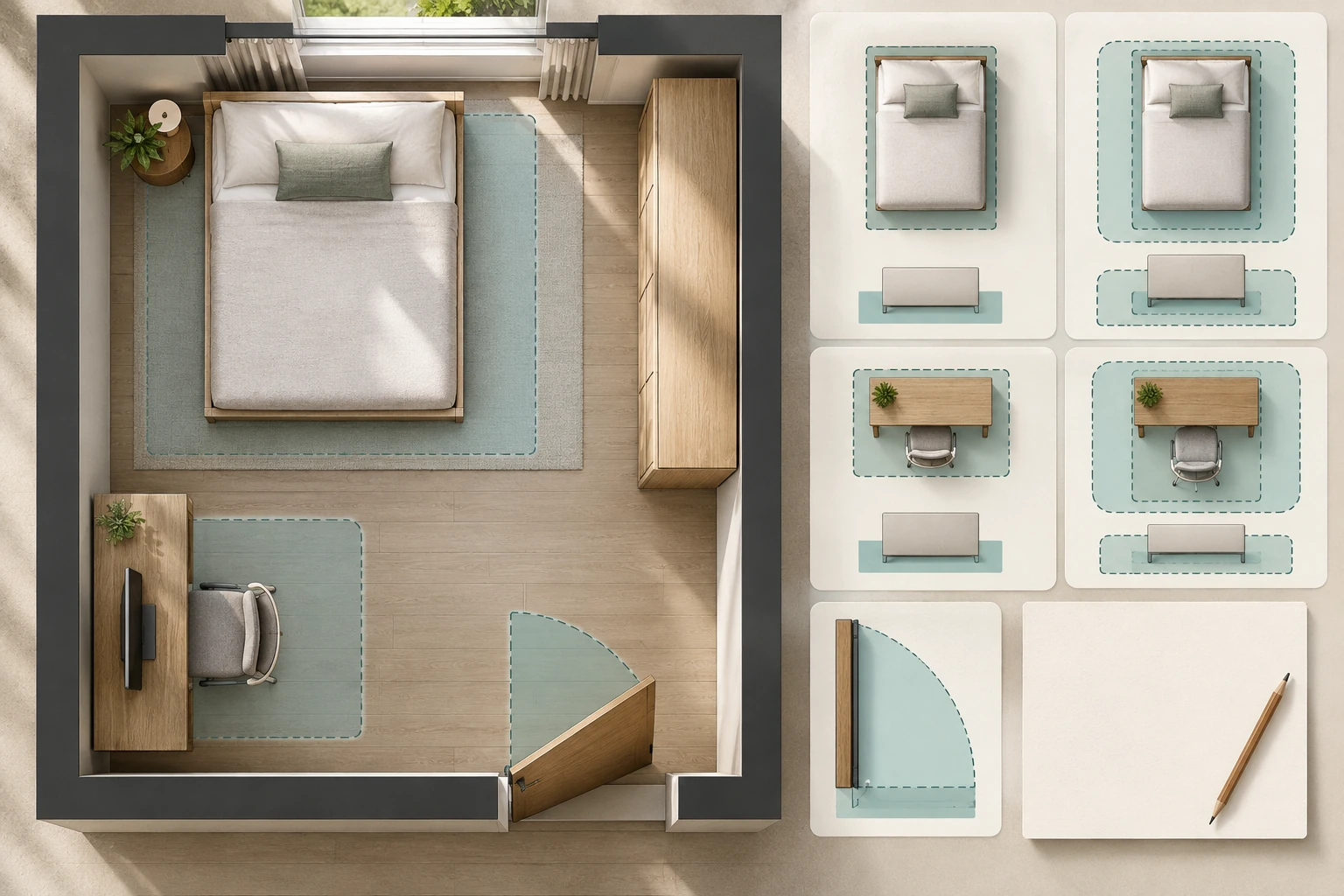 침대·책상·옷장과 문 열림, 닫힌 물건의 외곽과 사용 공간을 구분한 설명용 평면 모형