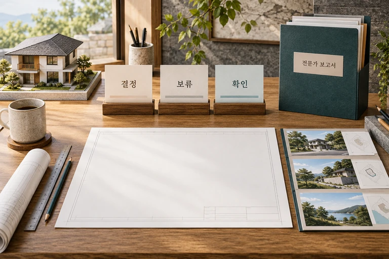 회의의 결정·보류·확인 상태와 도면·전문 보고 자료를 구분한 설명용 이미지